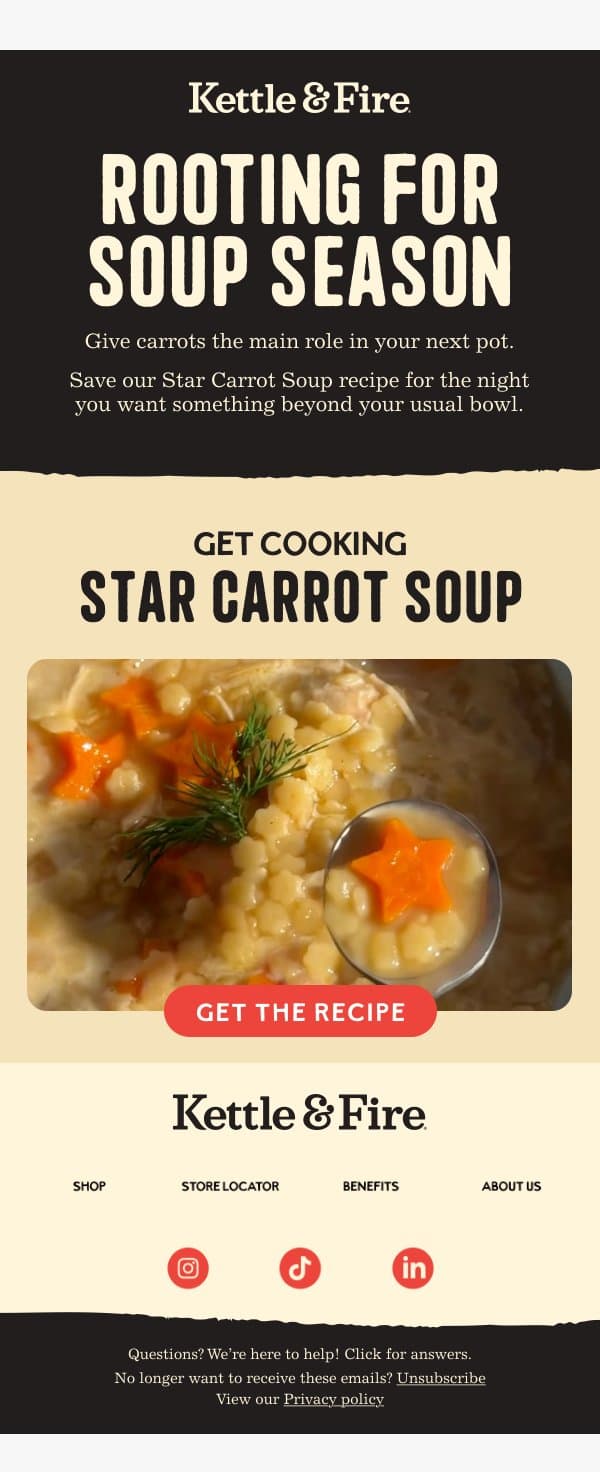 Soup season in fll swing email from Kettle & Fire screenshot