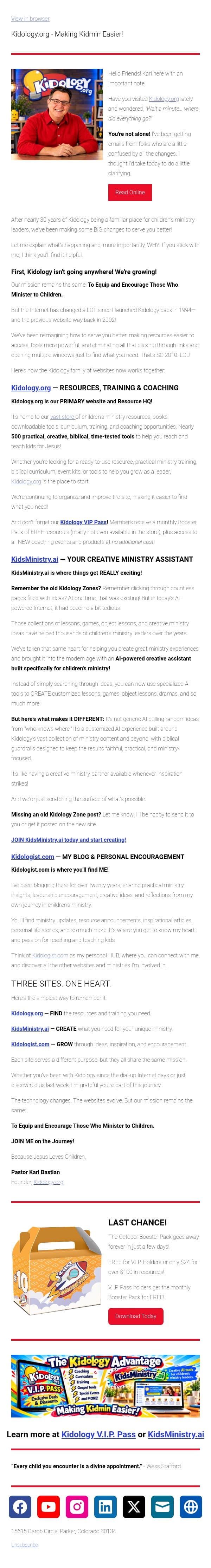 Kidology Is Changing! Let Me Explain... from Pastor Karl and Kidology.org email from Kidology screenshot