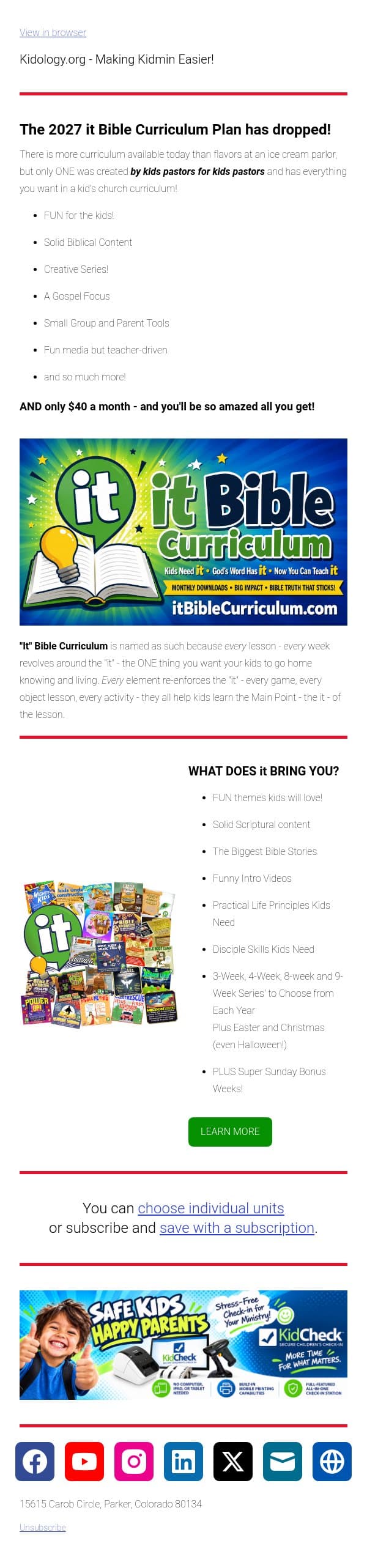 Your 2026 Kid's Church Plan Released - Only $40 a month for WOW!! email from Kidology screenshot