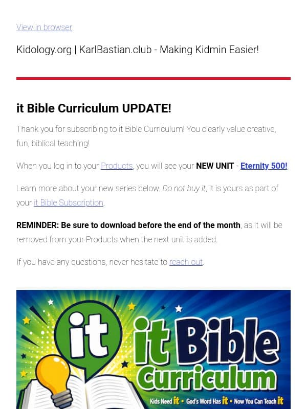 it Bible Curricululm UPDATE - September 1st, 2026 email from Kidology