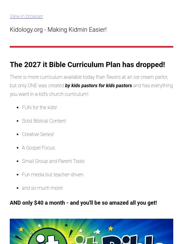 Your 2026 Kid's Church Plan Released - Only $40 a month for WOW!! email from Kidology
