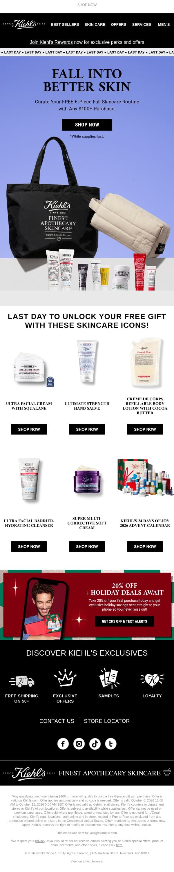 LAST DAY: Curate Your FREE 6-Piece Fall Routine ⏳ email from Kiehl's screenshot