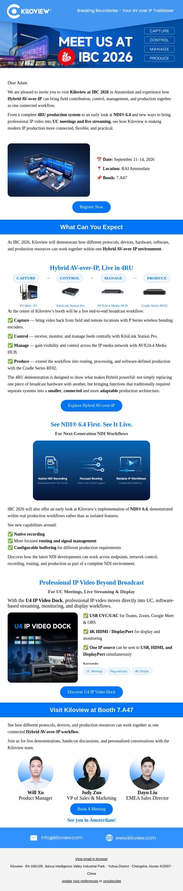 Experience Hybrid AV-over-IP Workflows Live with Kiloview at IBC 2026 email from Kiloview screenshot