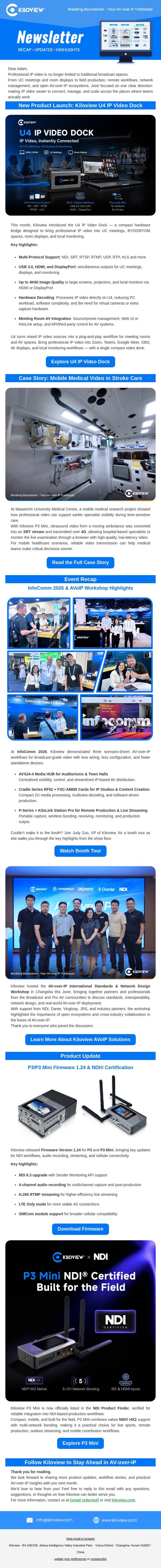 Kiloview June Update: U4 Launch, InfoComm Workflows & AV-over-IP Made Simpler email from Kiloview screenshot