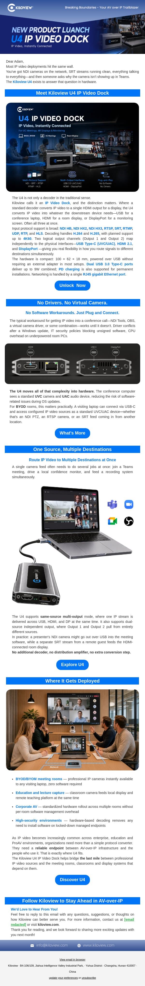 Meet Kiloview U4: The New IP Video Dock for Meetings, Displays and Pro AV Spaces email from Kiloview screenshot