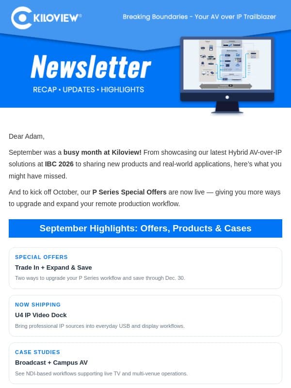 Kiloview September Update: P Series Offers, New Products & IBC Highlights email from Kiloview