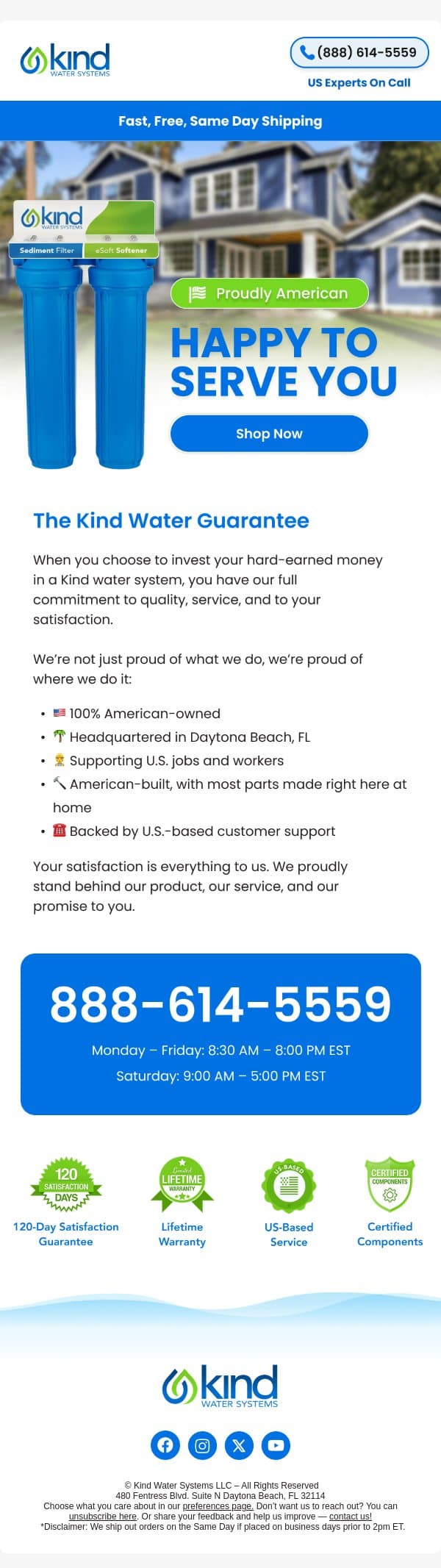 Water Built in America, Backed by Our Promise. email from Kind Water Systems screenshot
