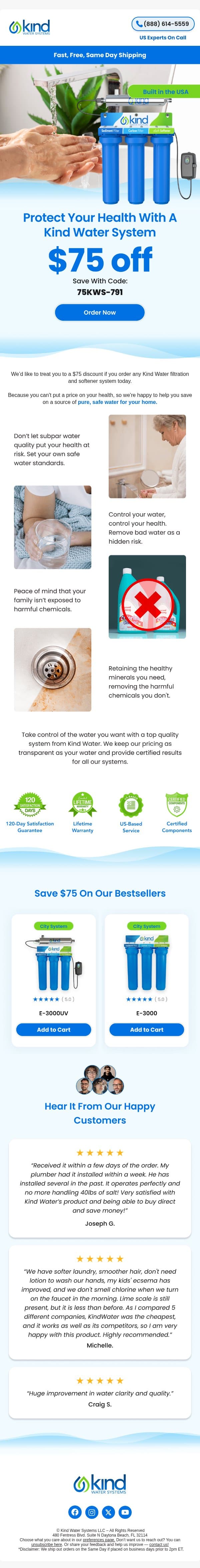 We’ve just increased your discount to $75! email from Kind Water Systems screenshot