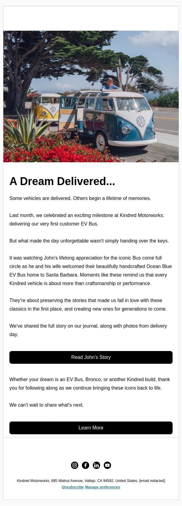 More Than a Delivery email from Kindred Motorworks screenshot