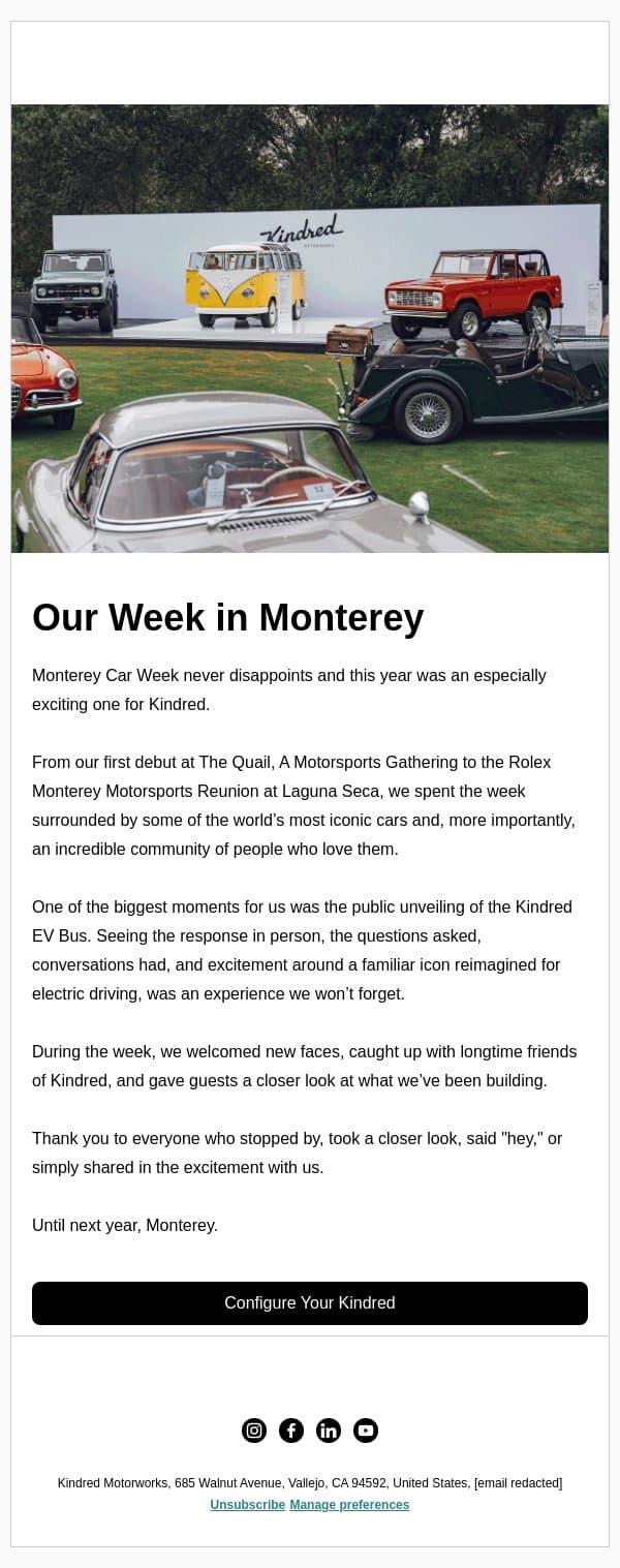 An Unforgettable Week in Monterey email from Kindred Motorworks screenshot