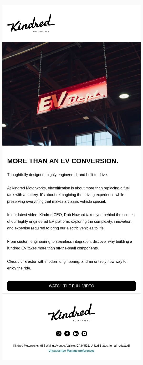 What Makes a Kindred EV Different? email from Kindred Motorworks screenshot