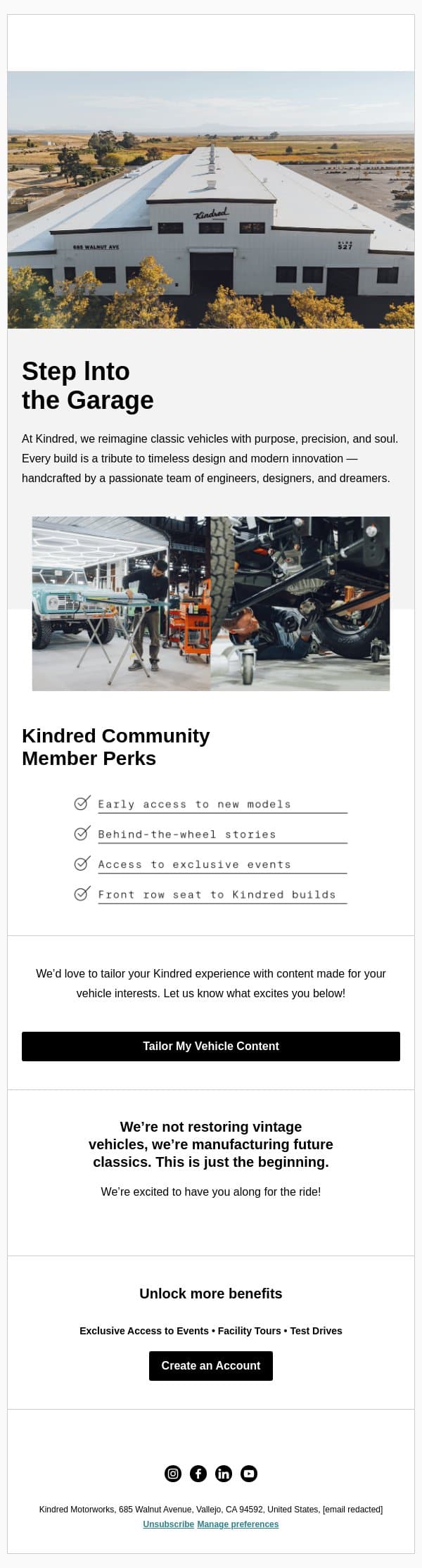 Take a Peek Inside Kindred's Garage email from Kindred Motorworks screenshot