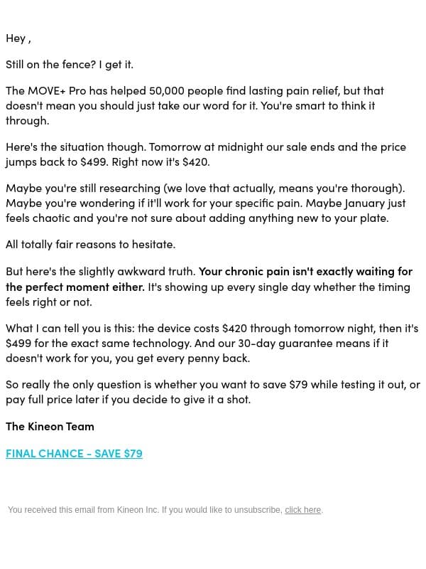 Sale disappearing soon... email from Kineon screenshot