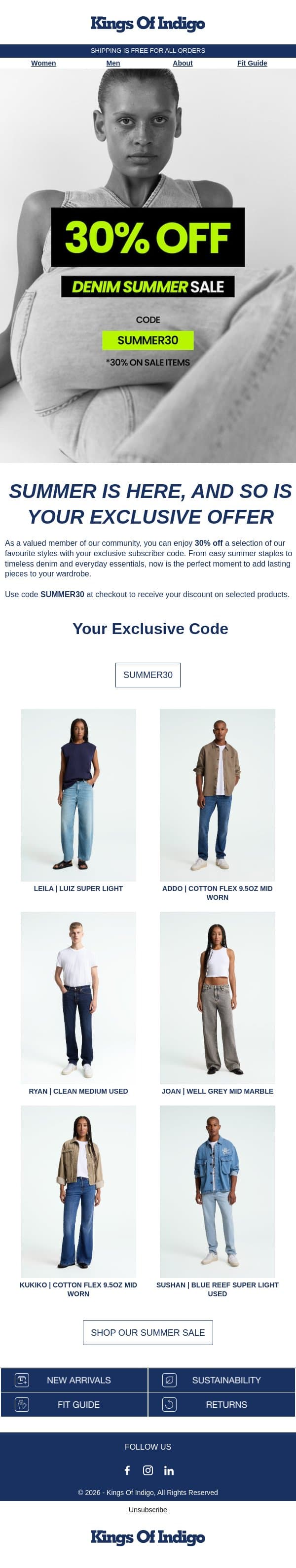 30% Off Summer Sale ☀️ - Your Exclusive Code email from Kings of Indigo screenshot