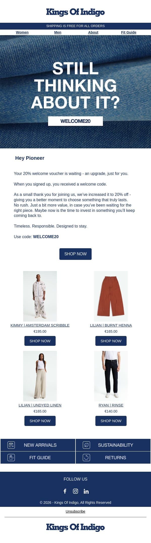 A little thank you: your welcome code is now 20% π email from Kings of Indigo screenshot