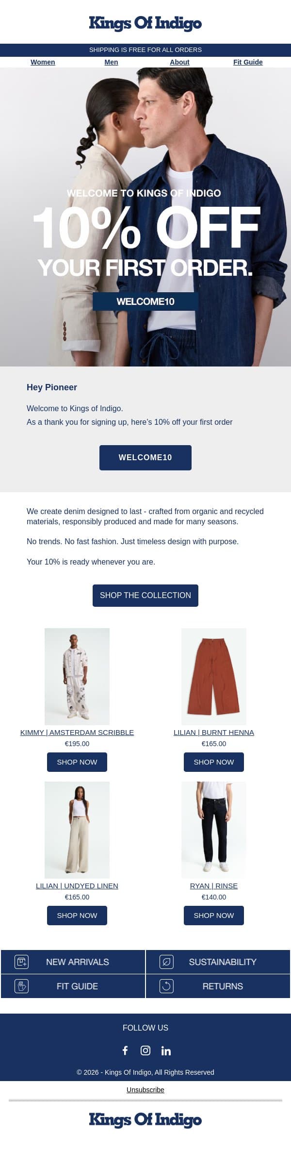 Welcome to Kings of Indigo - here’s 10% for you 💙 email from Kings of Indigo screenshot