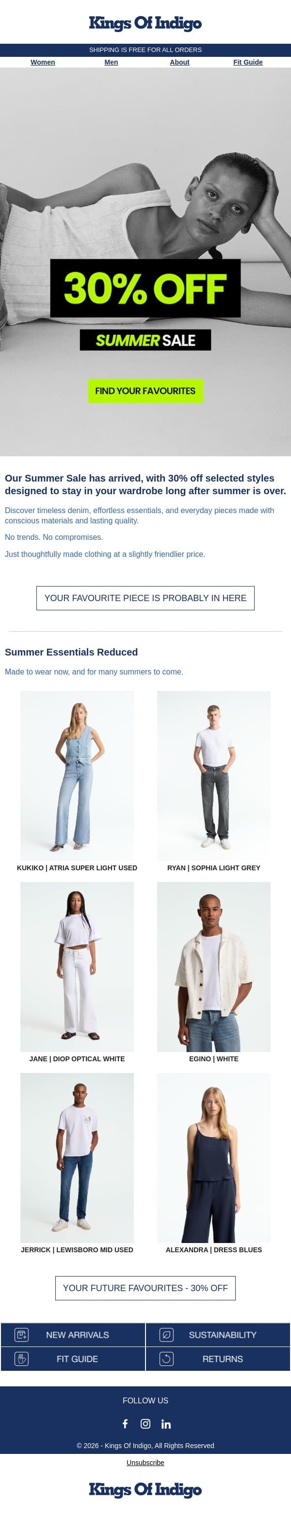 The pieces you'll wear all summer. 30% off. π email from Kings of Indigo screenshot