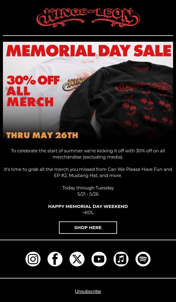 Memorial Day Sale email from Kings of Leon screenshot