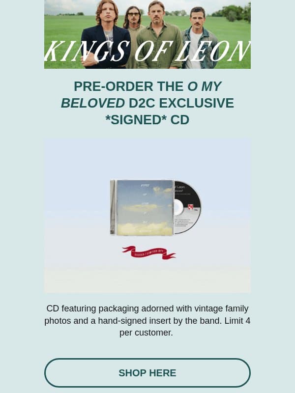 NEW Exclusive Signed CD + Fan Merch Bundle email from Kings of Leon