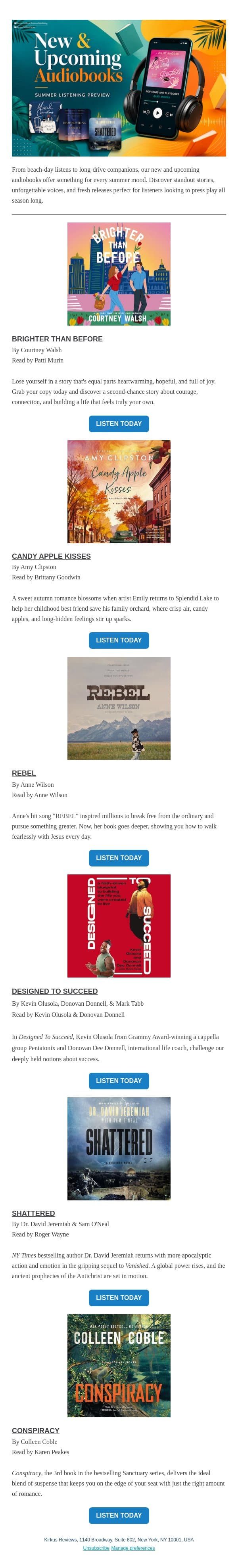 Clear Your Summer Queue for These Audiobooks email from Kirkus Reviews screenshot