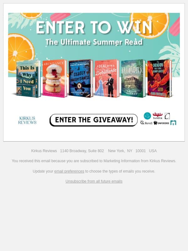 Enter To Win the Ultimate Summer Read email from Kirkus Reviews screenshot