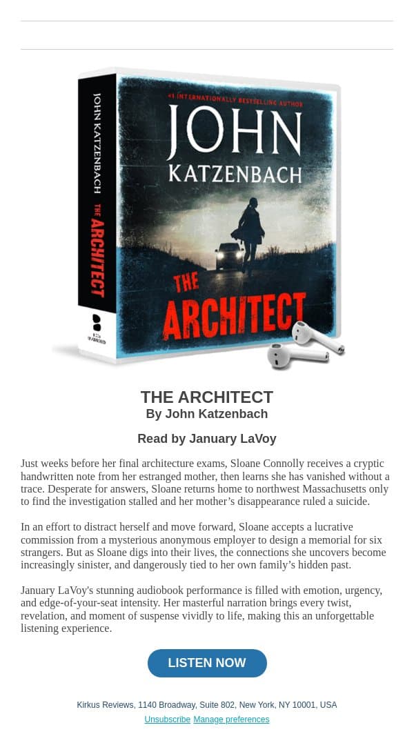 A “Perfectly Crafted” Thriller from Bestselling Author John Katzenbach email from Kirkus Reviews screenshot