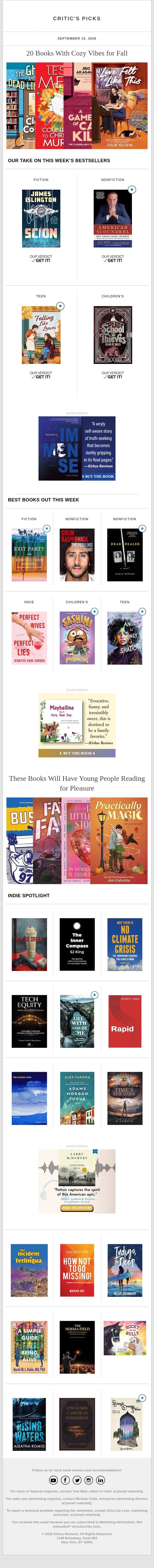 20 Books With Cozy Vibes for Fall email from Kirkus Reviews screenshot
