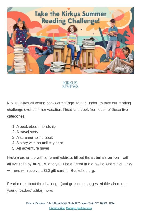 Take the Kirkus Summer Reading Challenge! email from Kirkus Reviews screenshot