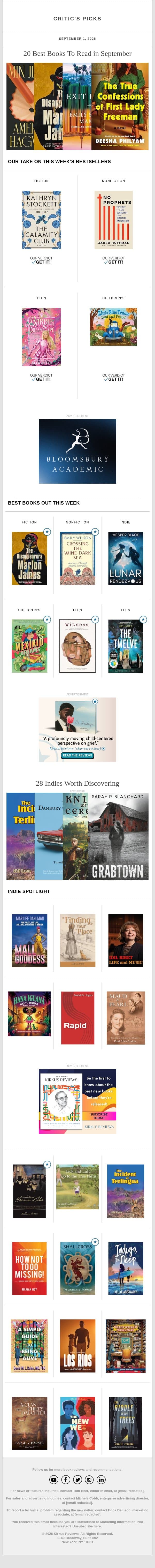 20 Best Books To Read in September email from Kirkus Reviews screenshot