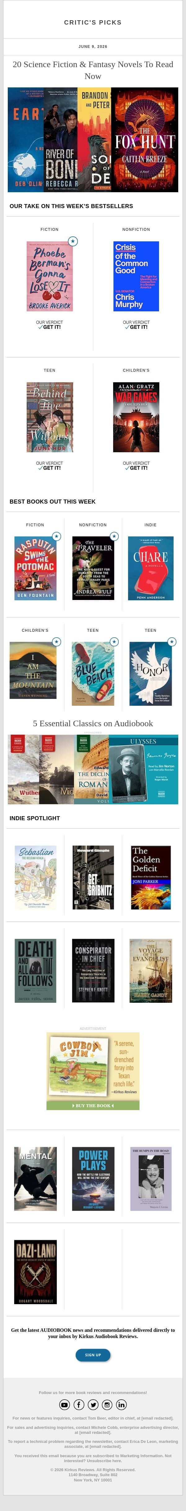 20 Science Fiction & Fantasy Novels To Read Now email from Kirkus Reviews screenshot