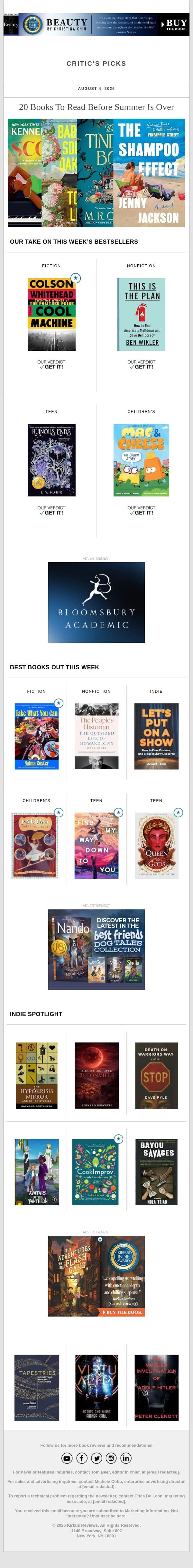 20 Books To Read Before Summer Is Over email from Kirkus Reviews screenshot