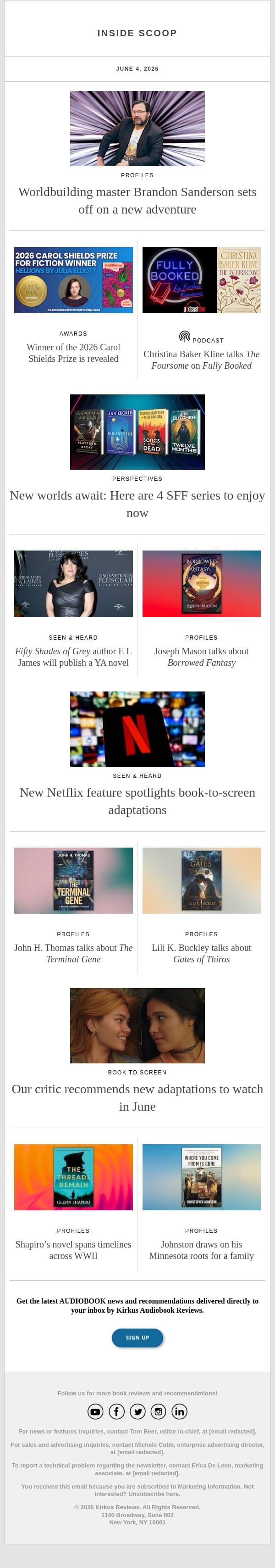 Worldbuilding master Brandon Sanderson sets off on a new adventure email from Kirkus Reviews screenshot