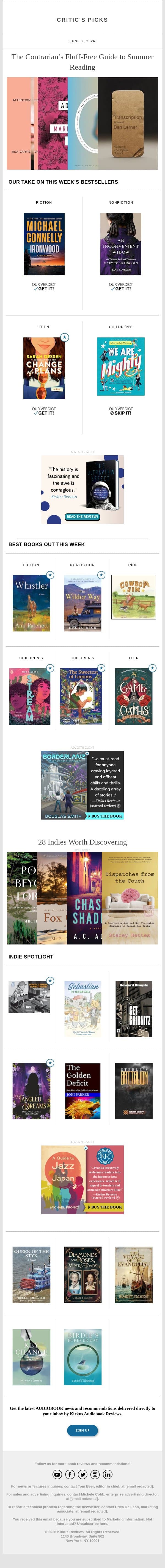 The Contrarian’s Fluff-Free Guide to Summer Reading email from Kirkus Reviews screenshot