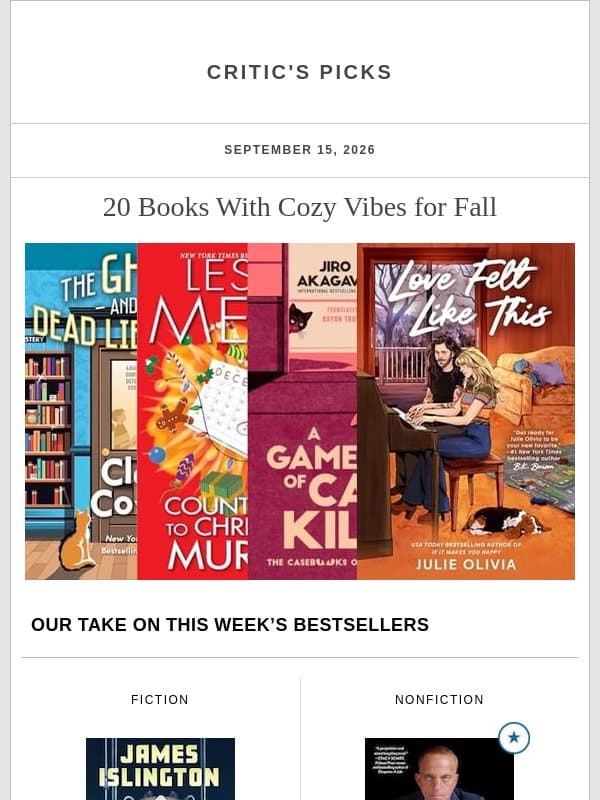 20 Books With Cozy Vibes for Fall email from Kirkus Reviews