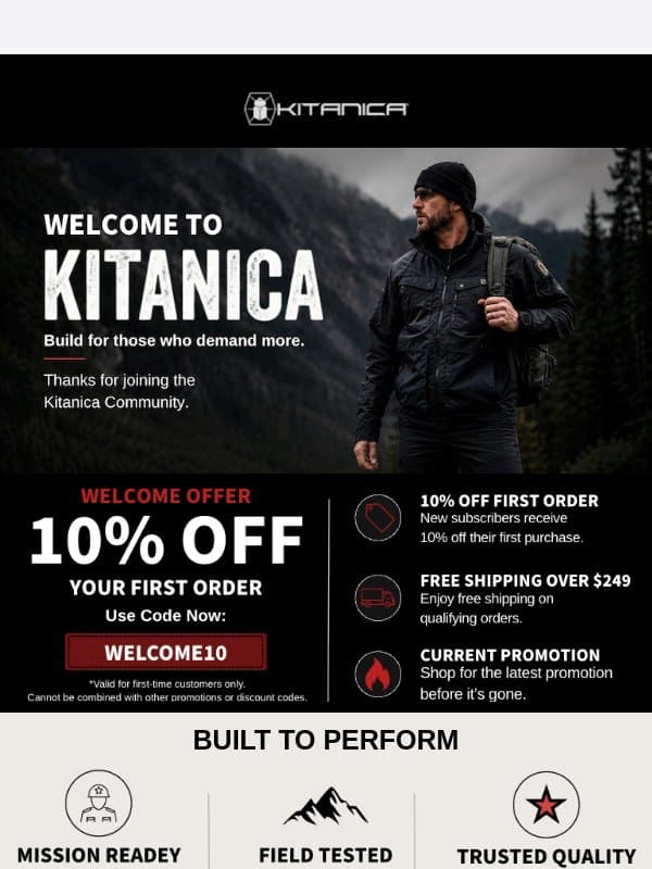Claim 10% off your next order! email from Kitanica