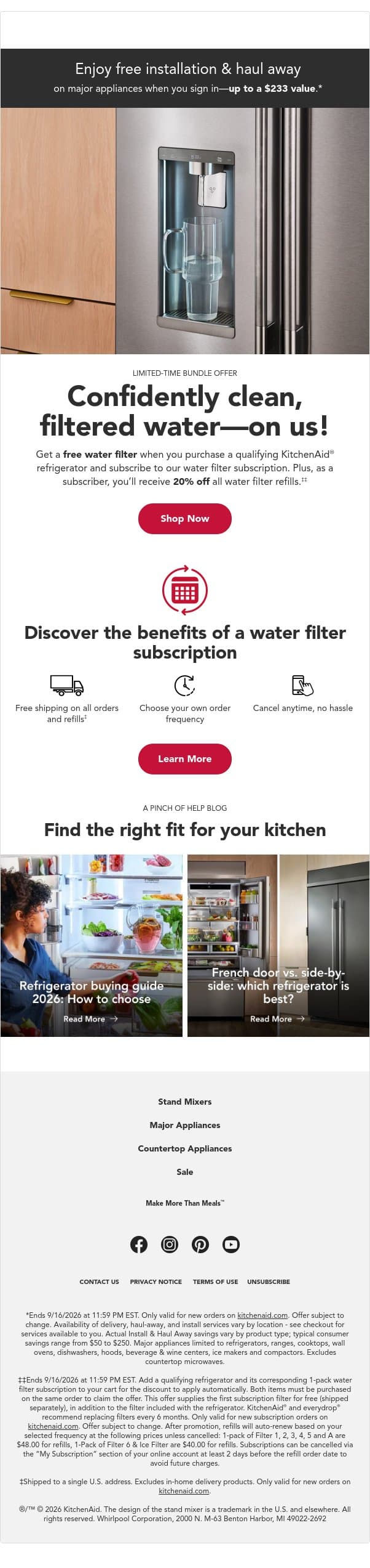 💧Limited-time: Refrigerator & water filter deal email from KitchenAid screenshot