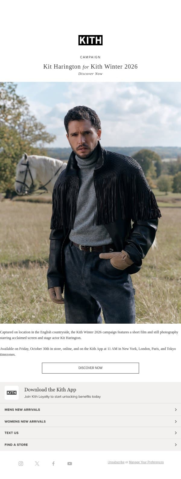 Kit Harington for Kith Winter 2026 email from Kith screenshot