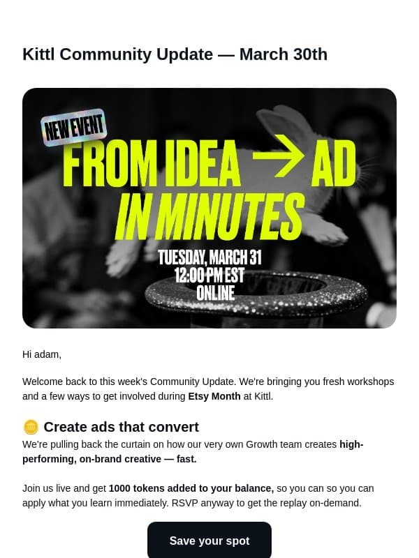 This week's workshops email from Kittl