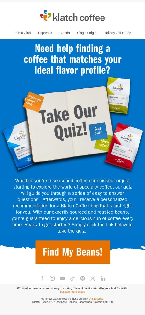 Take our quiz and find your perfect cup email from Klatch Coffee screenshot