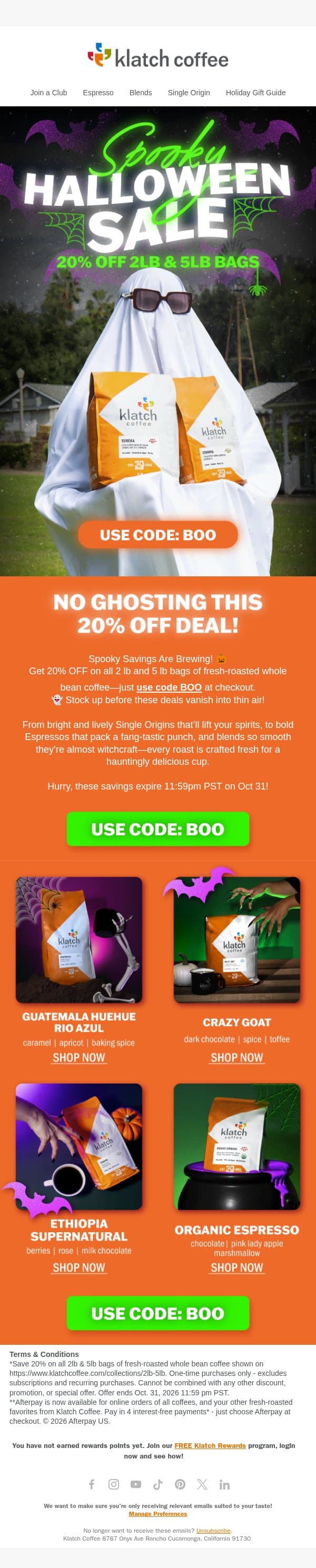 Spooky Savings: 20% Off For Halloween 👻 email from Klatch Coffee screenshot