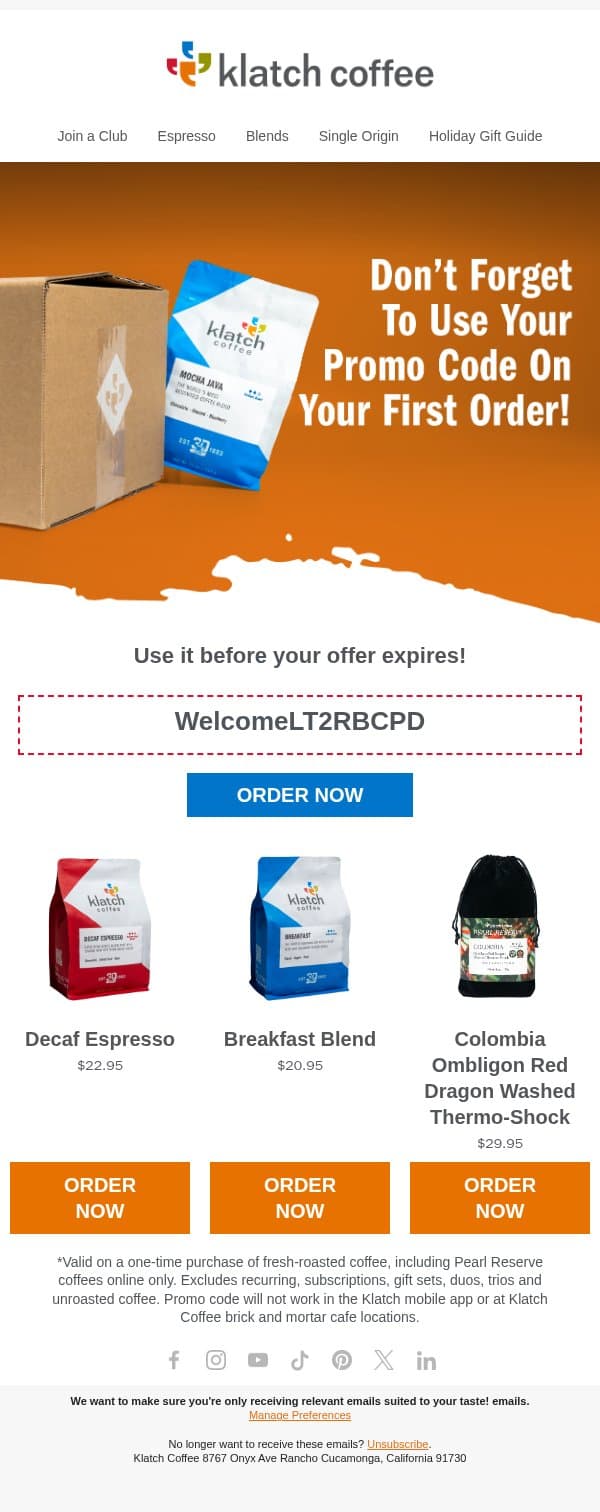 Don't forget to use your promo code for 20% OFF! email from Klatch Coffee screenshot