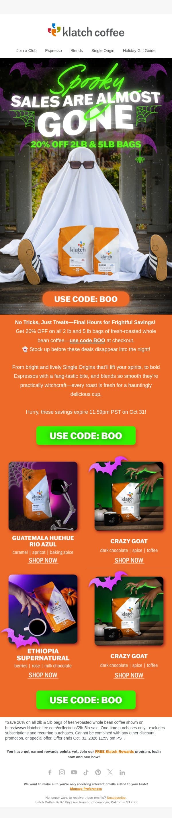20% Off Select Coffees: Final Hours for Spooky Savings π» π email from Klatch Coffee screenshot