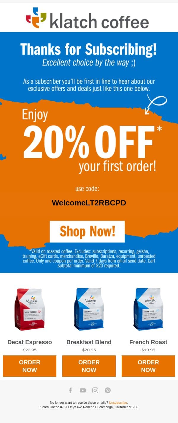 Thanks for signing up! You earned 20% off! email from Klatch Coffee screenshot