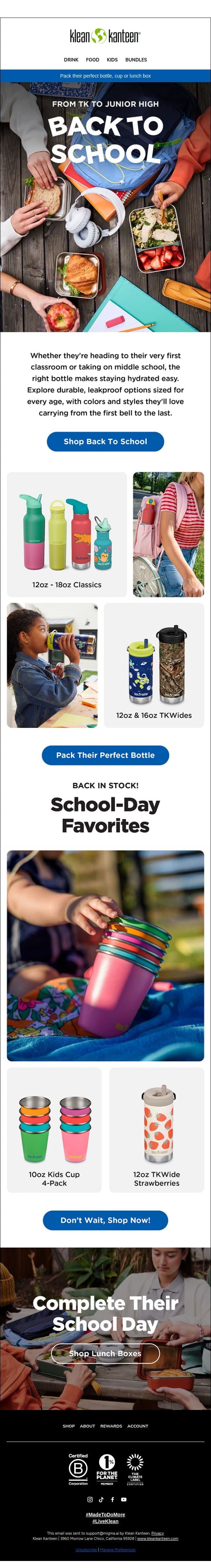Back to School Picks email from Klean Kanteen screenshot