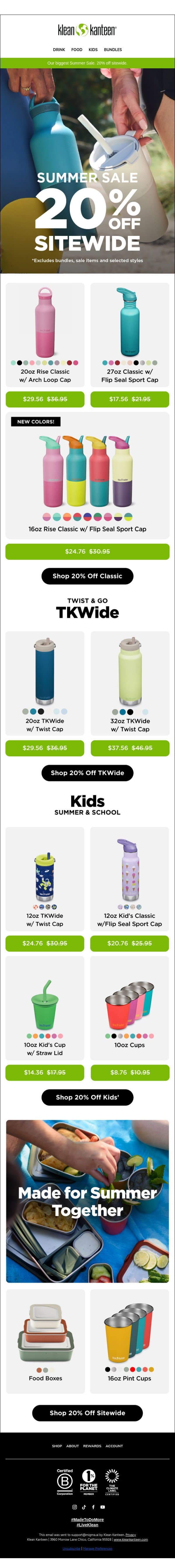 Summer Sale! 20% OFF. email from Klean Kanteen screenshot