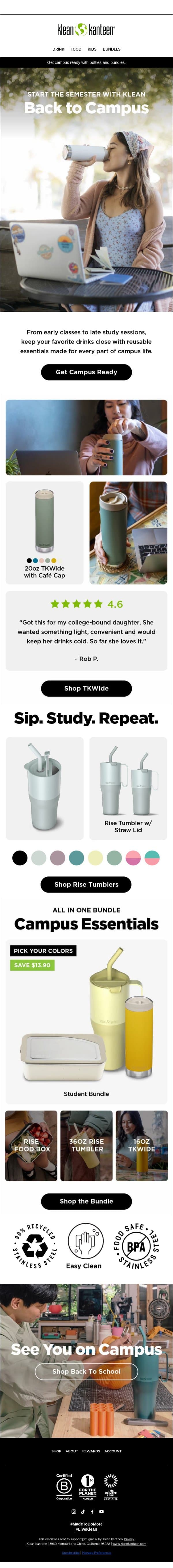 Back to Campus email from Klean Kanteen screenshot
