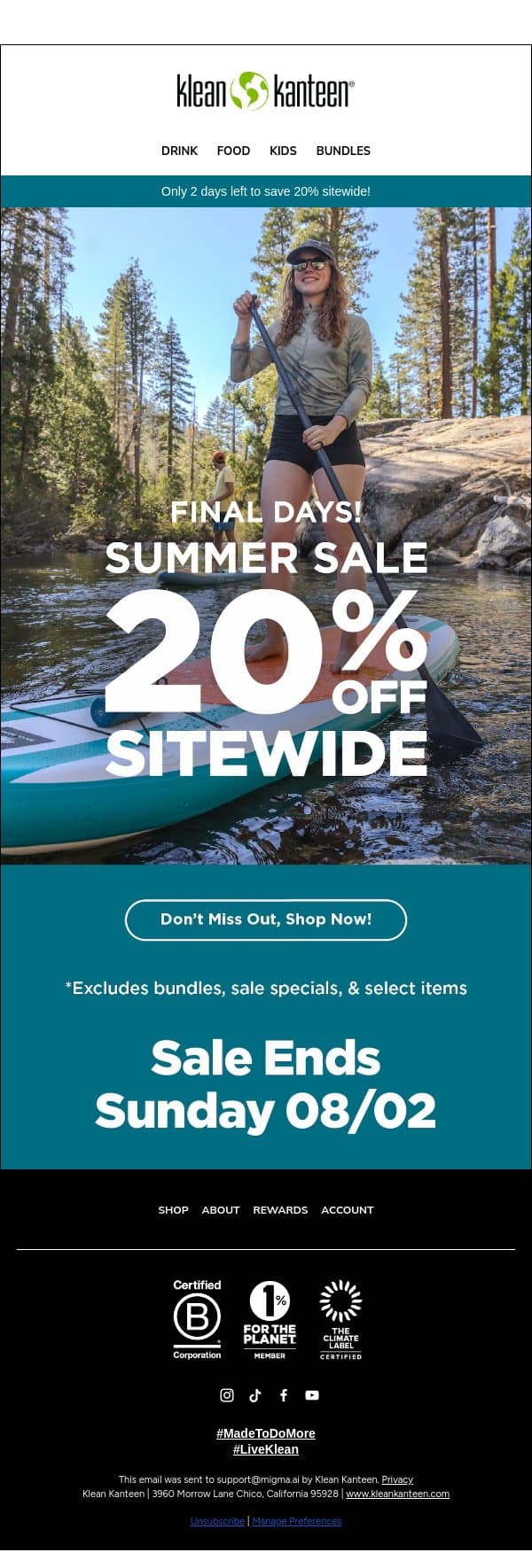 Final Days to Save 20% email from Klean Kanteen screenshot