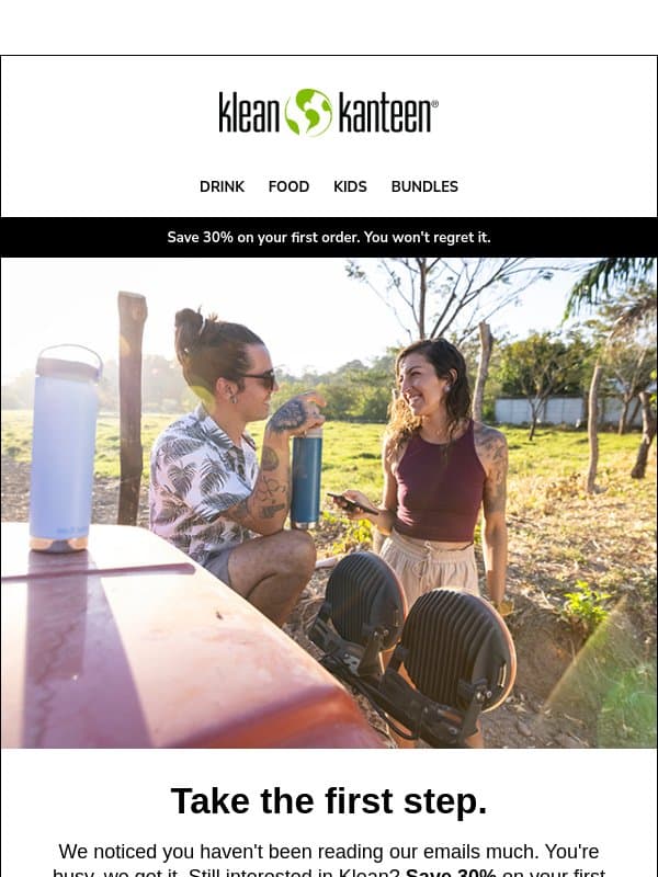 Get 30% Off Your First Order. email from Klean Kanteen