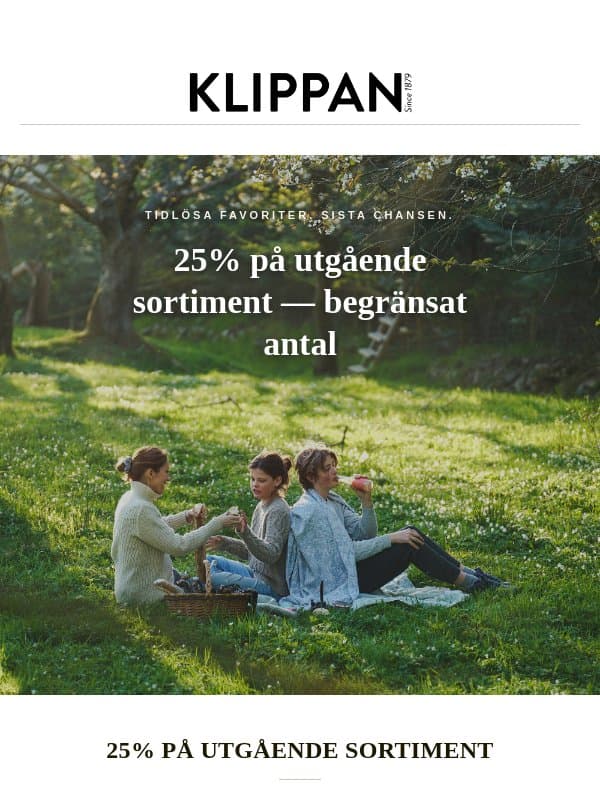 25% på utgående sortiment - begränsat antal email from Klippan Yllefabrik