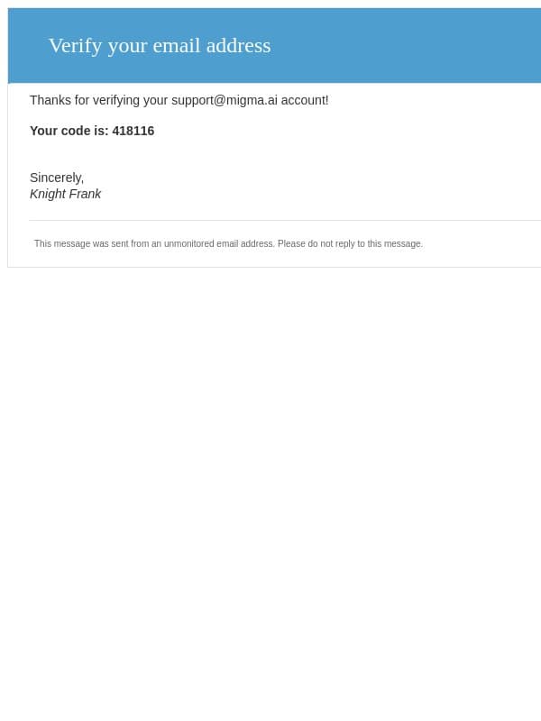 Knight Frank account email verification code email from Knight Frank Kenya
